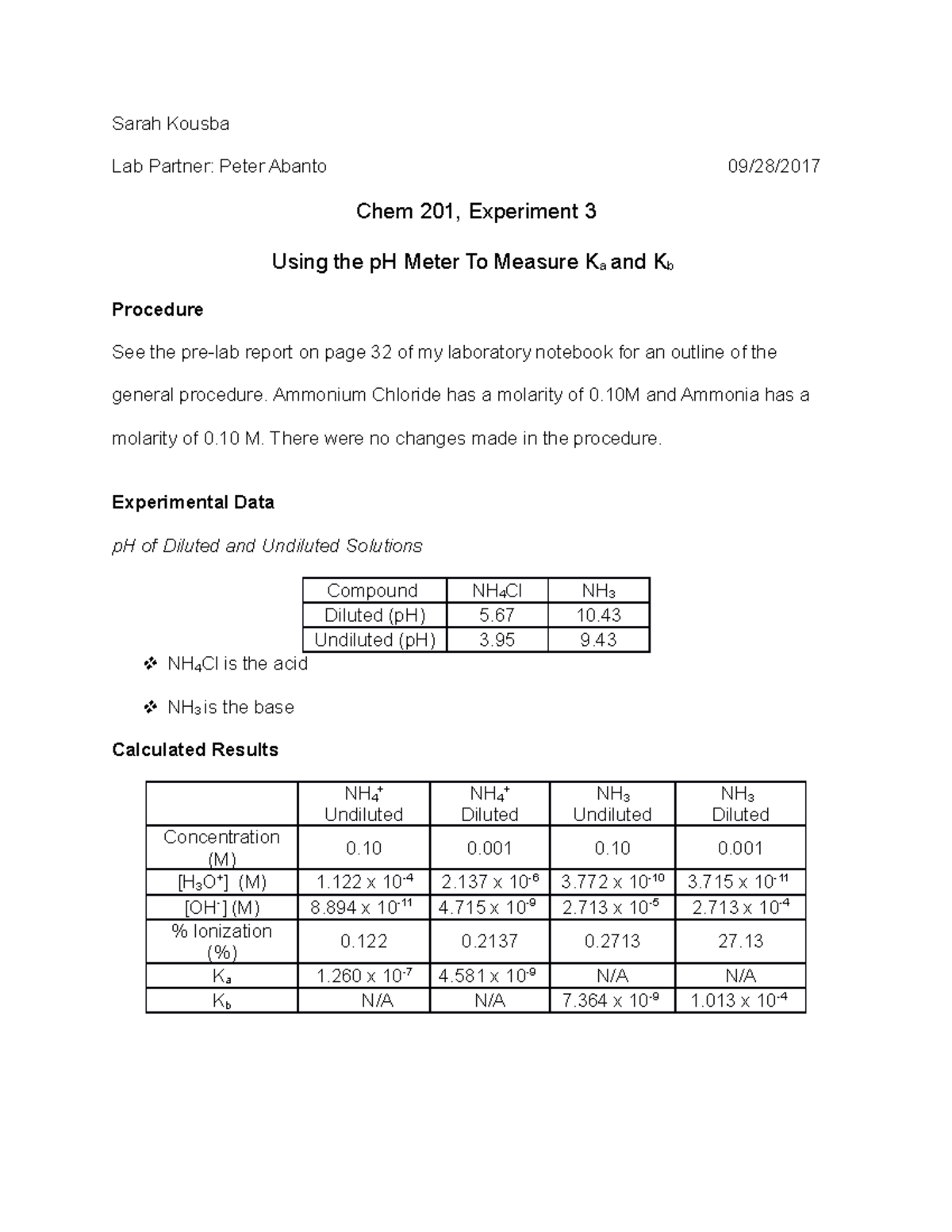 Chem 201, Lab Report 3 Using The Ph Meter To Measure Ka And Kb