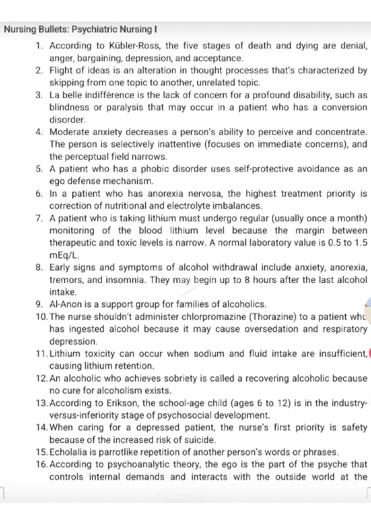 Psych bullets - Nursing Bullets: Psychiatric Nursing I 1. According to ...