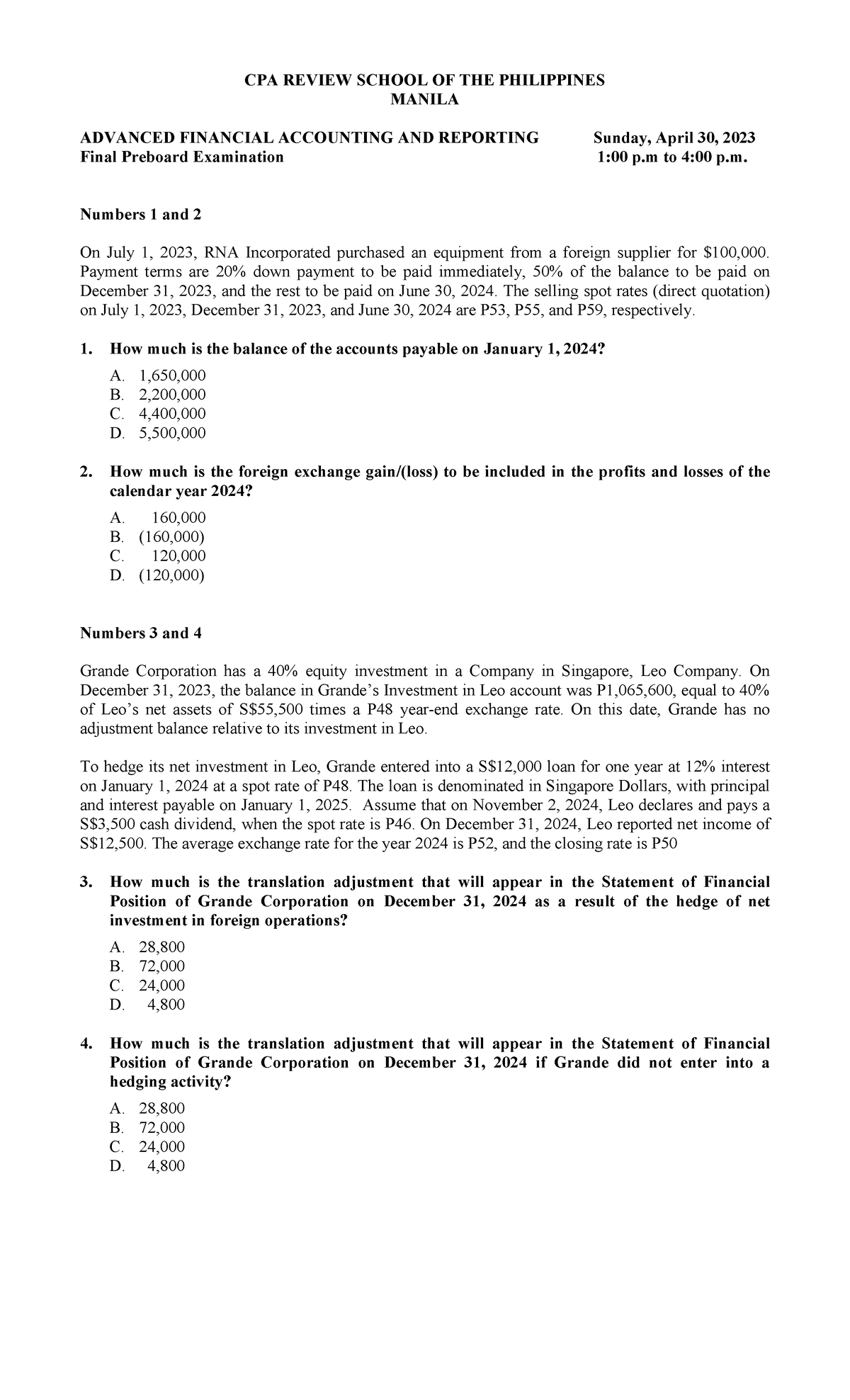 93 - Final Preboard AFAR - CPA REVIEW SCHOOL OF THE PHILIPPINES MANILA ...