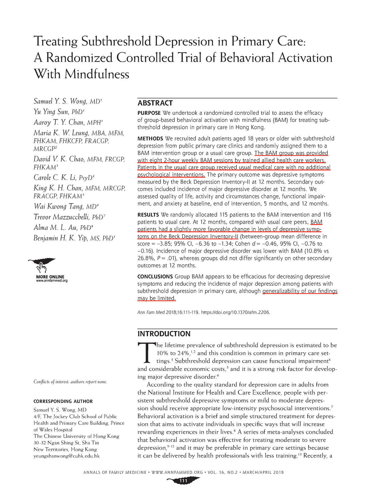 111 - ANNALS OF FAMILY MEDICINE WWW N FA M M E D. O R G VO L. 1 6 , N O ...