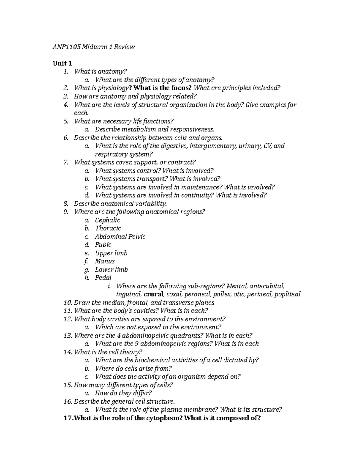 Anatomy EXAM Review - ANP1105 Midterm 1 Review Unit 1 1. What is ...