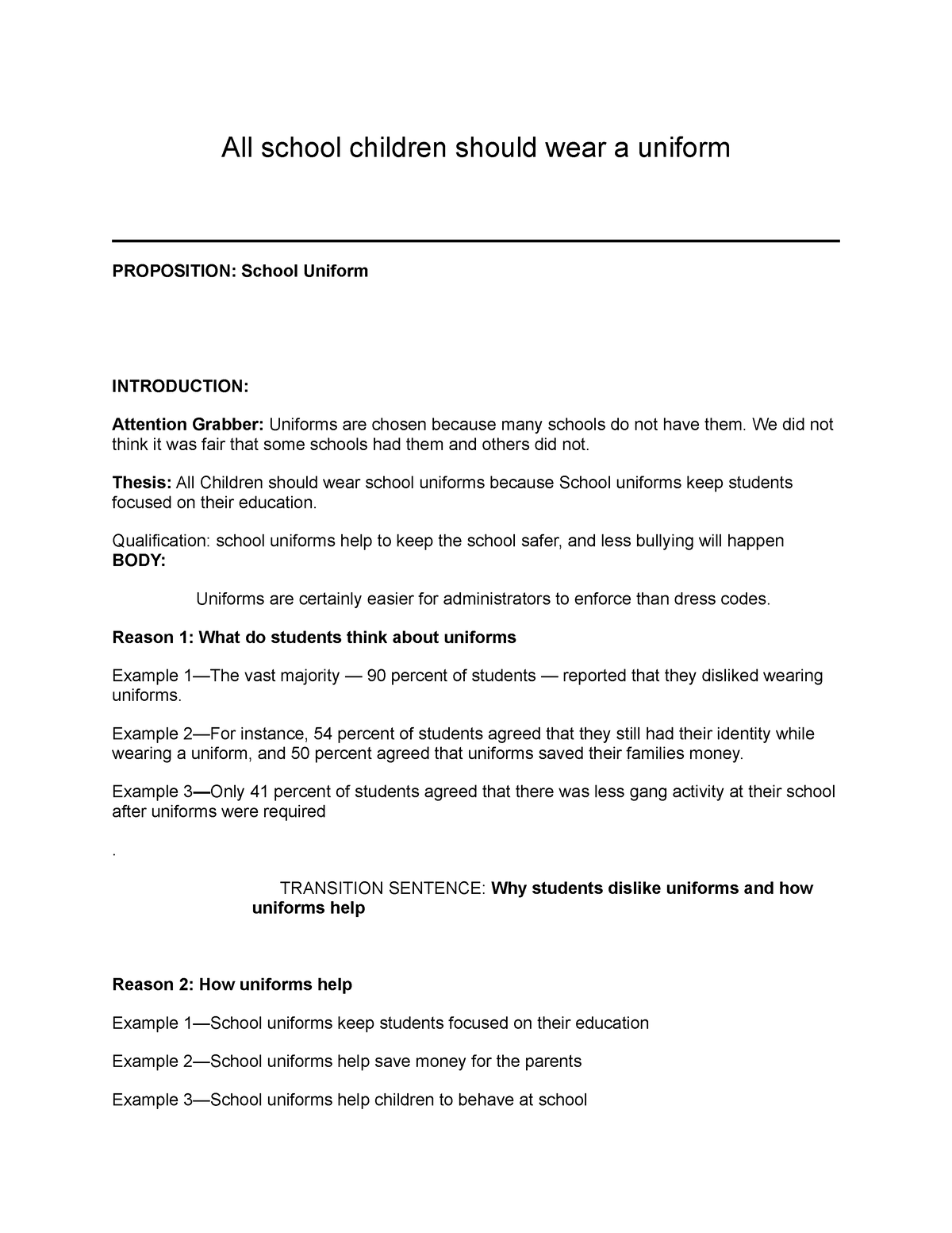 persuasive speech outline about school uniforms