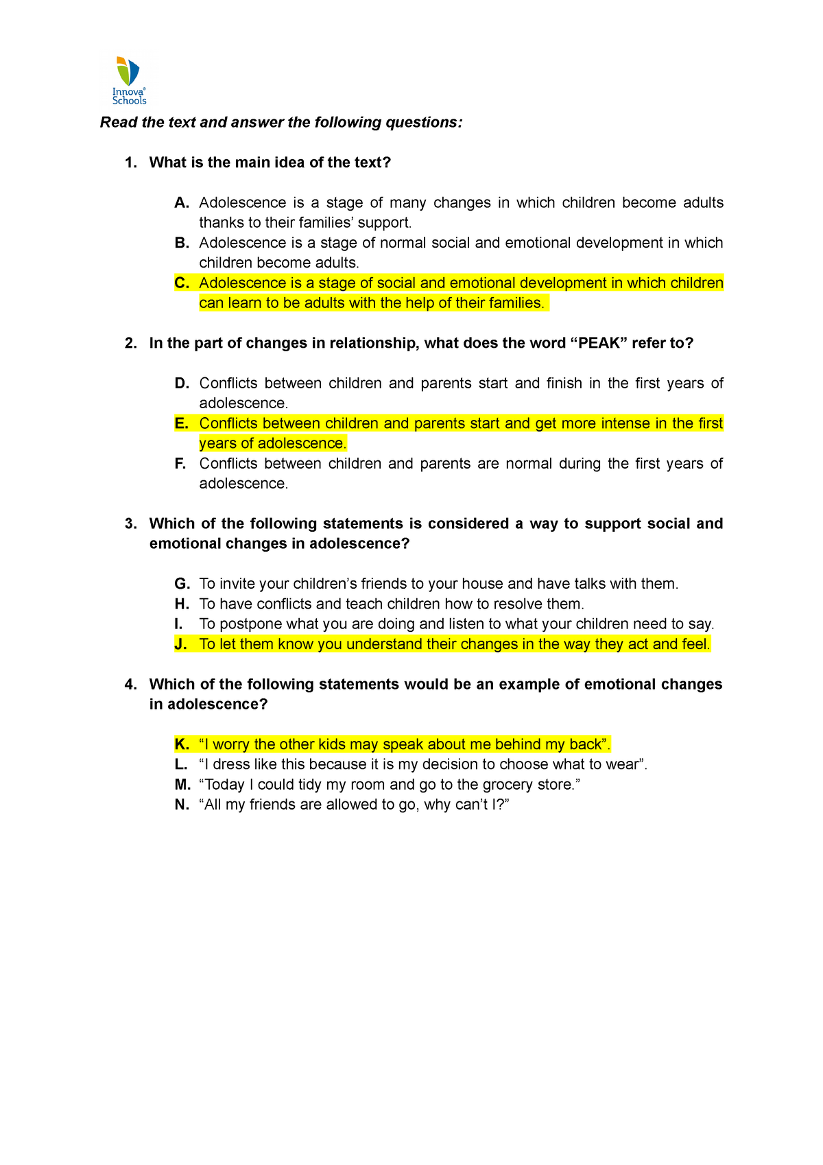 B2 Reading Comprehension Worksheet Read The Text And Answer The