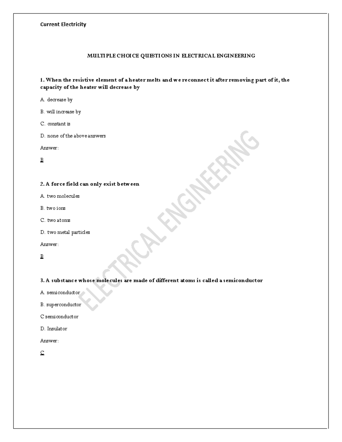 Electrical Engineering Practice Quizzes 7 MULTIPLE CHOICE QUESTIONS