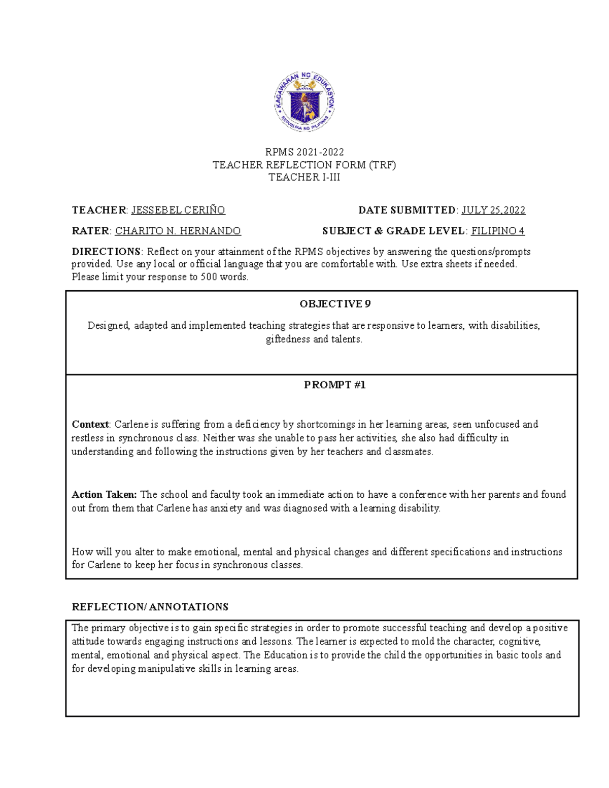 Trf Obj Trf Rpms 2021 Teacher Reflection Form Trf Teacher I Iii