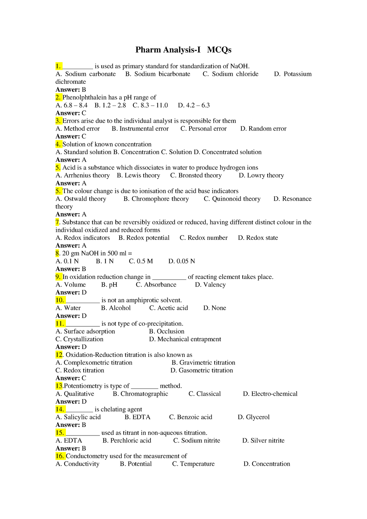 MCQ 6 Unit 1 Pharmaceutical Analysis - Pharm Analysis-I MCQs ...