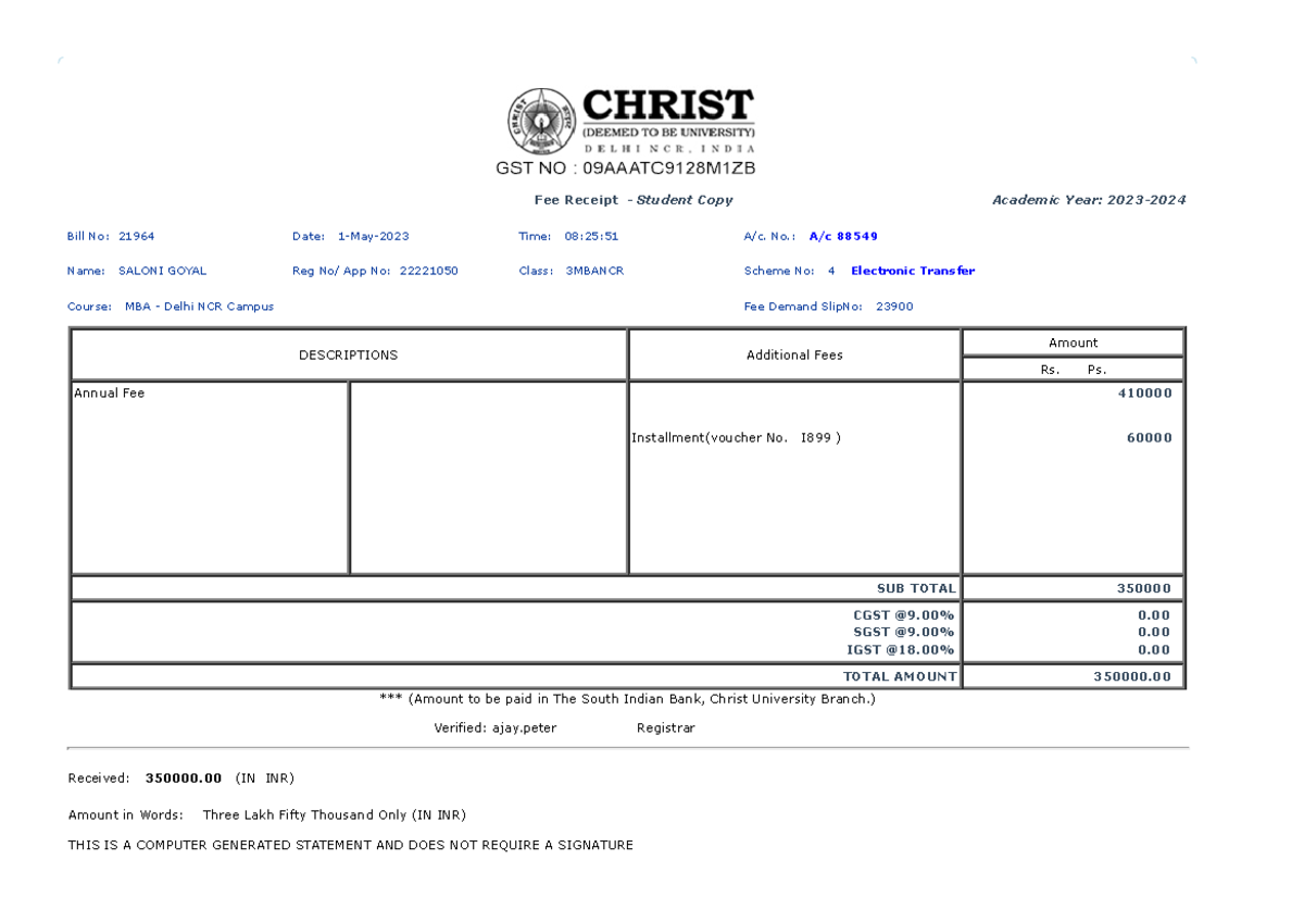 Fee Receipt 2023 - importaant document - CGST @9% SGST @9% IGST @18% 0 ...