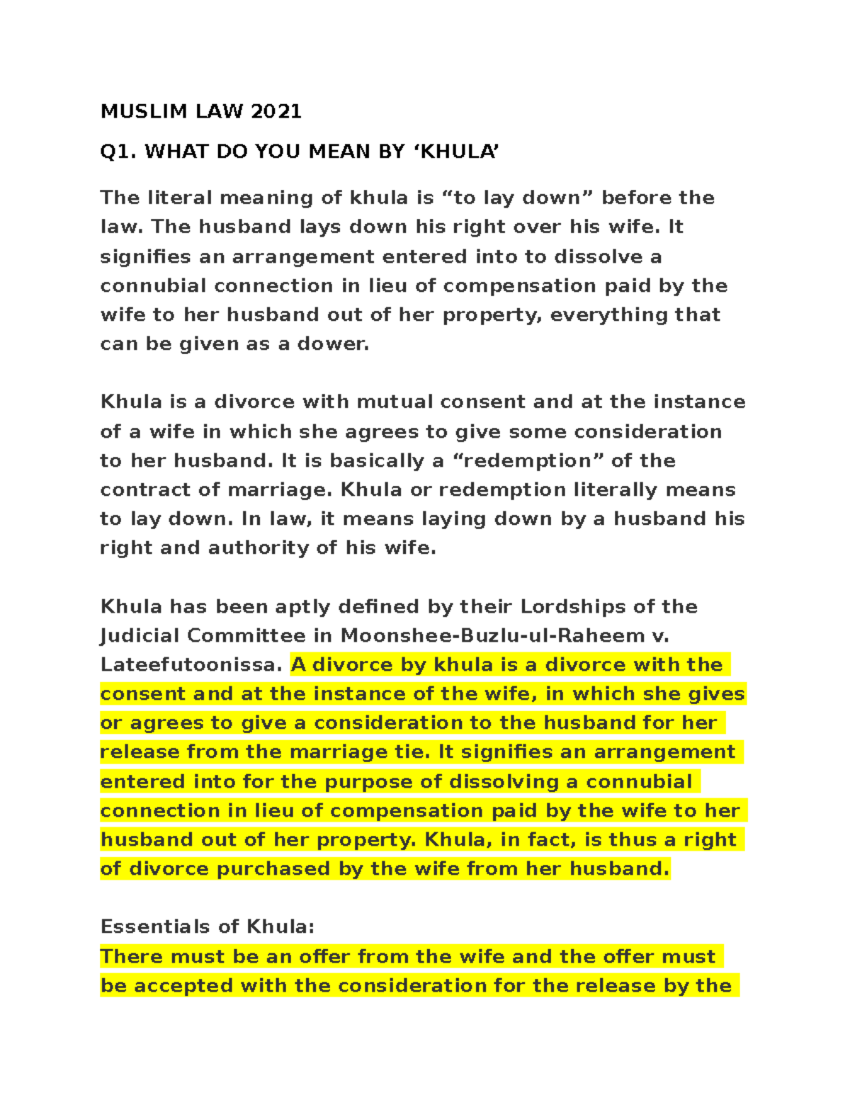 Muslim LAW 2021 - PREVIOUS YEAR PAPER - MUSLIM LAW 2021 Q1. WHAT DO YOU ...
