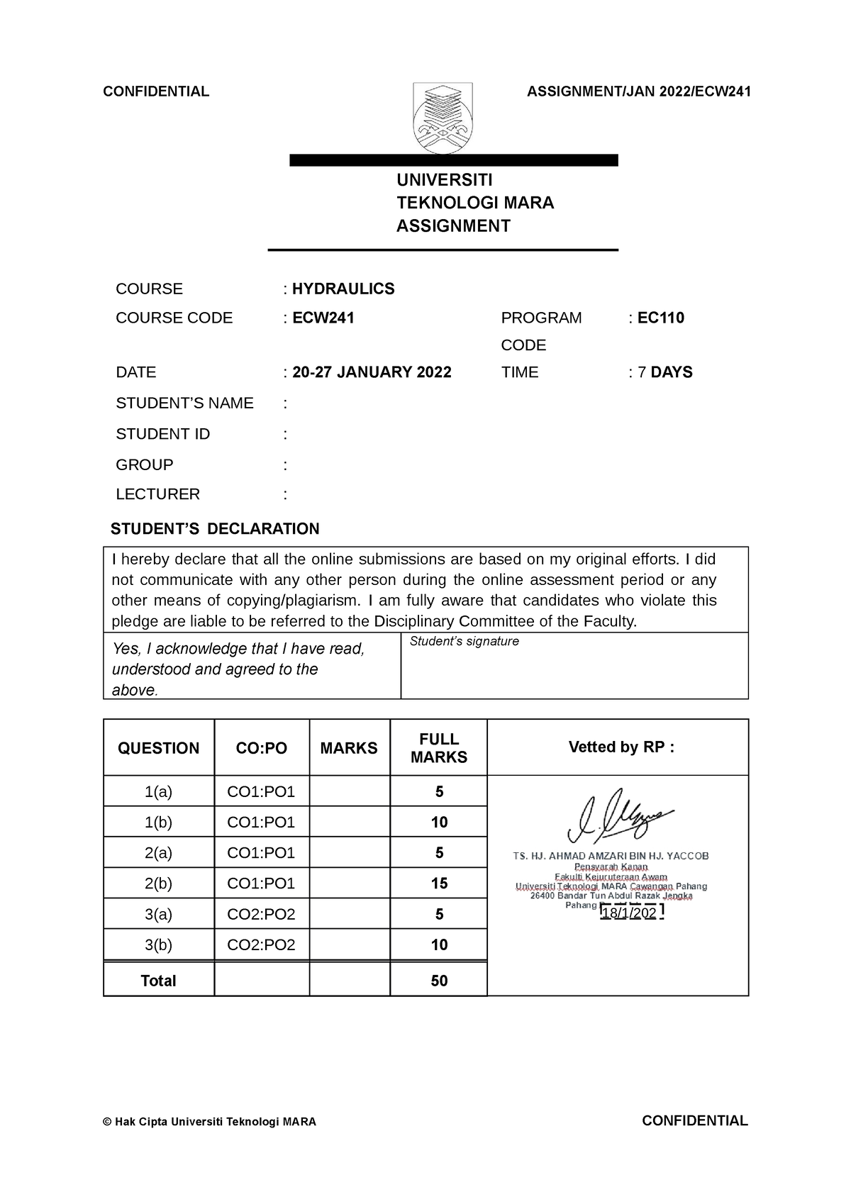 Assignment ECW241 cover page - CONFIDENTIAL ASSIGNMENT/JAN 2022/ECW ...