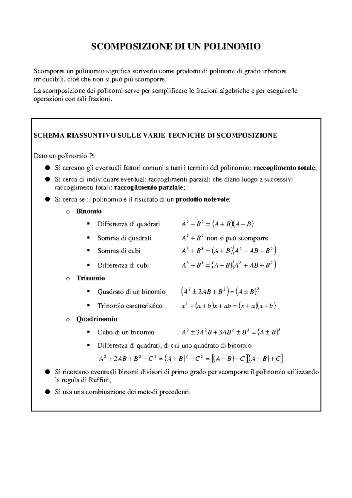 esercizi sulla scomposizione di polinomi
