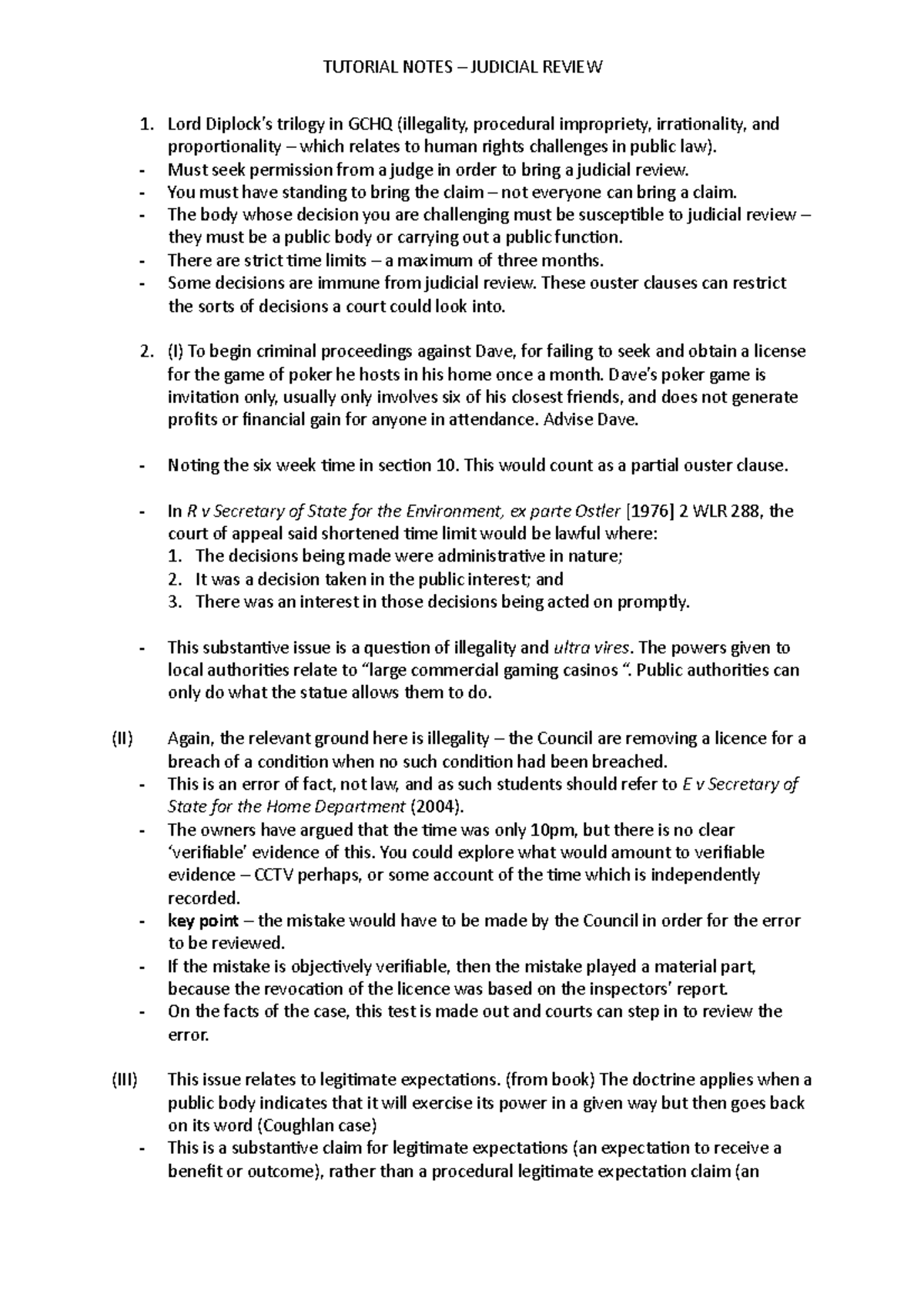 JR tut notes TUTORIAL NOTES JUDICIAL REVIEW Lord Diplock’s