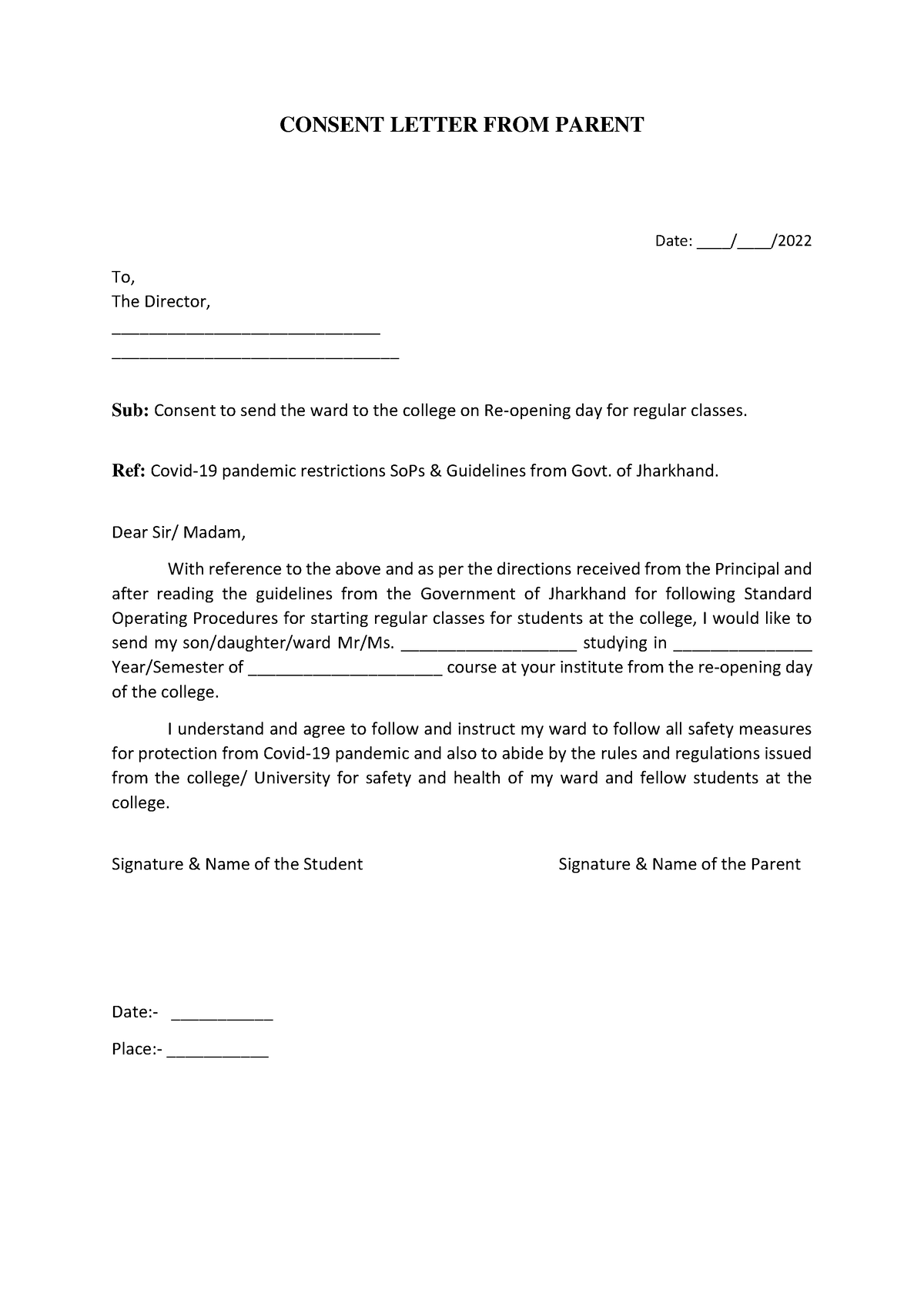 Consent Letter FROM Parent - CONSENT LETTER FROM PARENT Date: // To ...