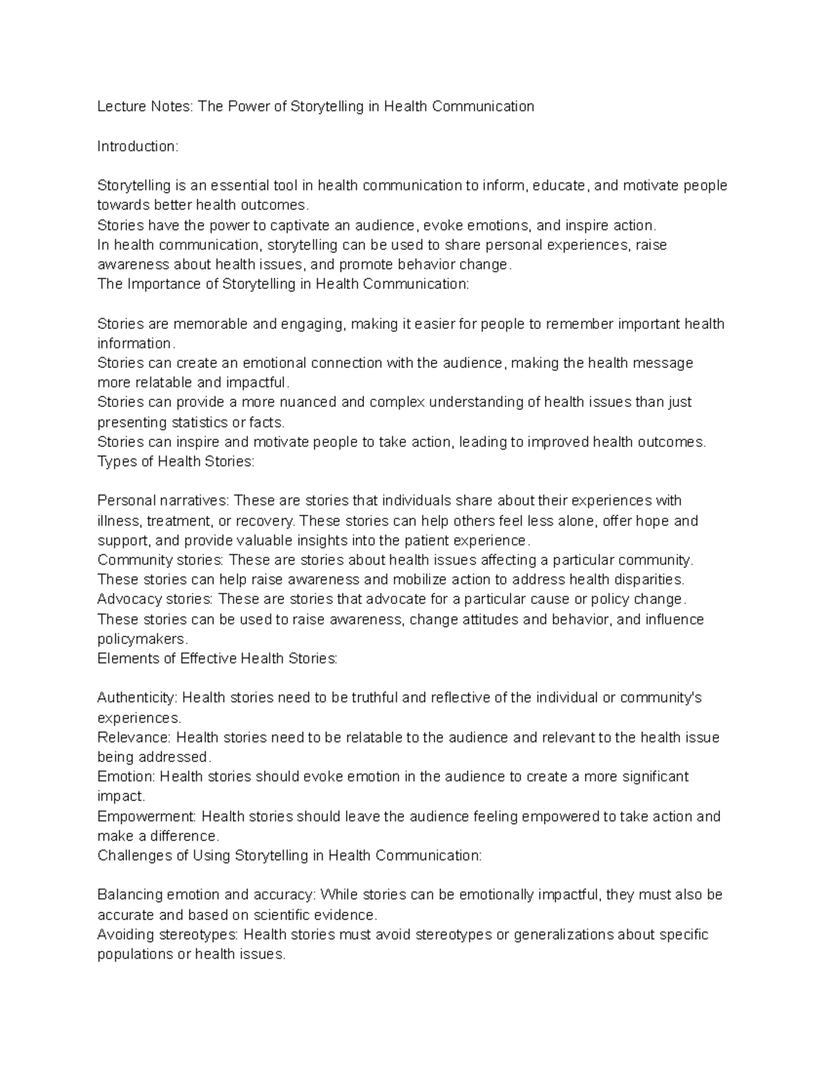 Health Communications (HLE2410) Lecture 38 The Power of Storytelling