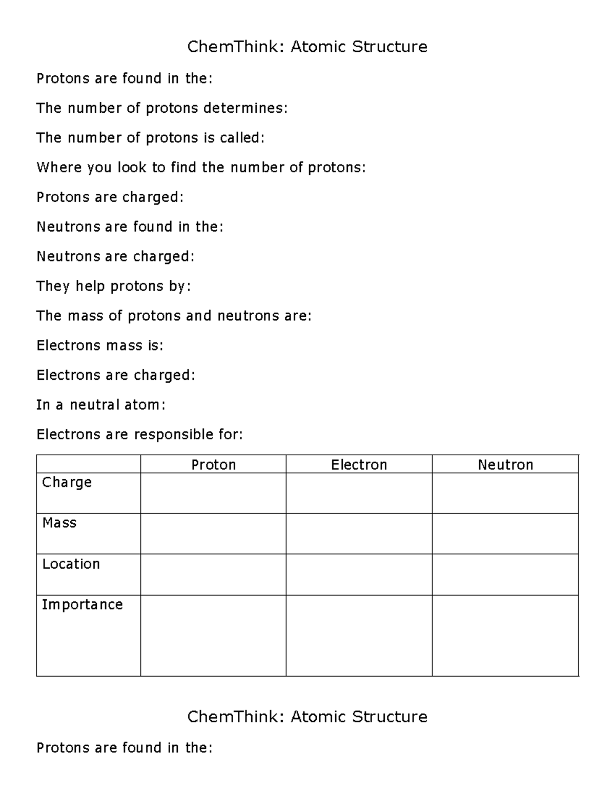 Chemthink-atomic-structure - ChemThink: Atomic Structure Protons are ...