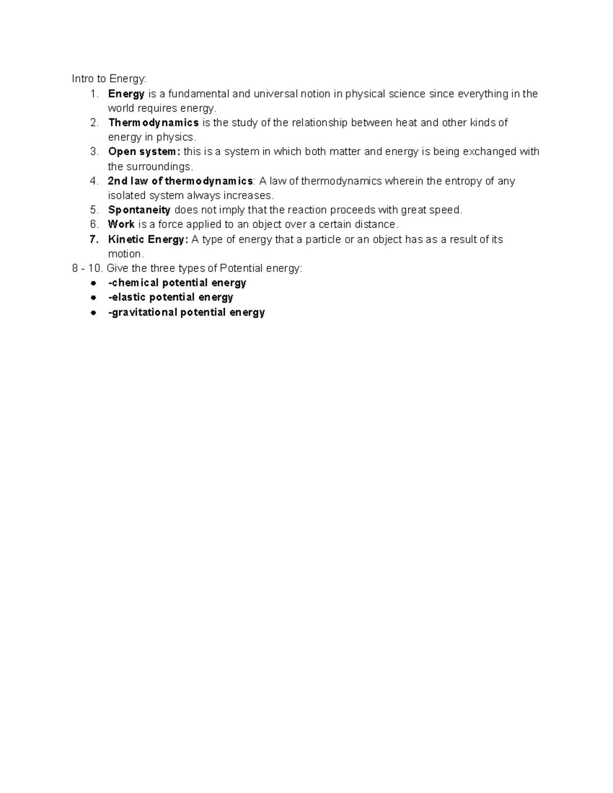 Quiz energy and electrochem Intro to Energy 1. Energy is a
