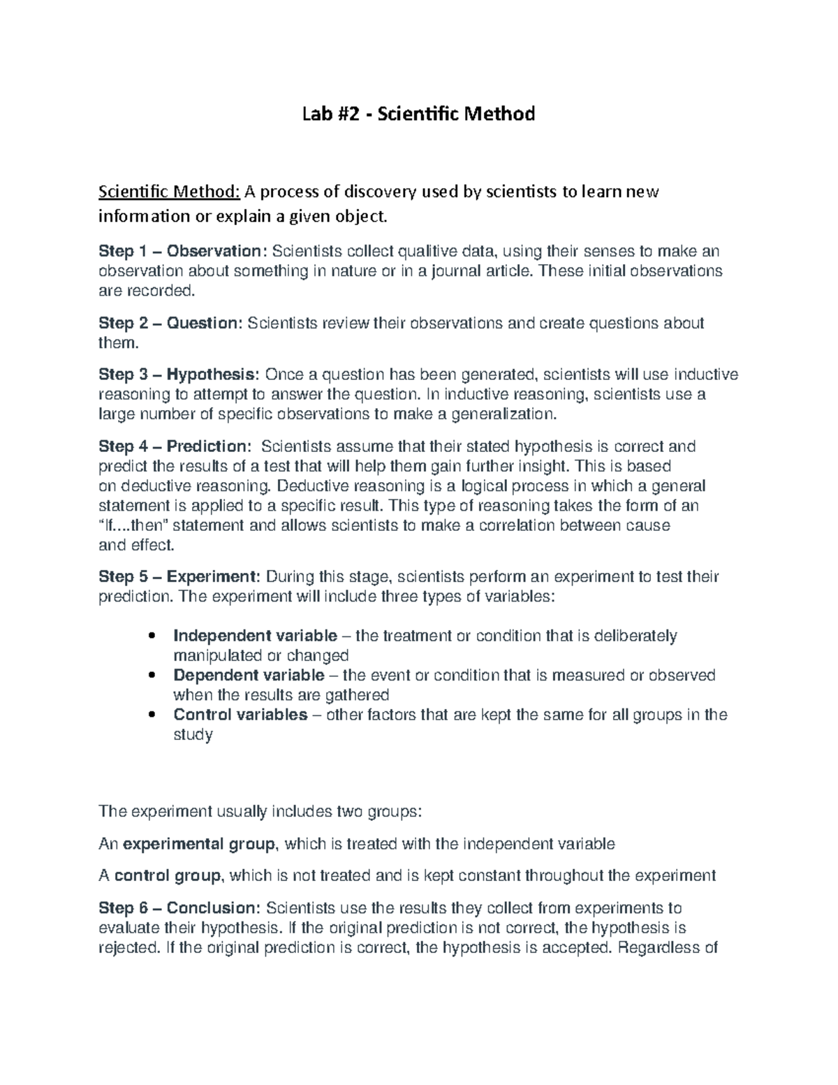 Biology 101 Lab #2 - Scientific Method notes - Lab #2 - Scientific ...