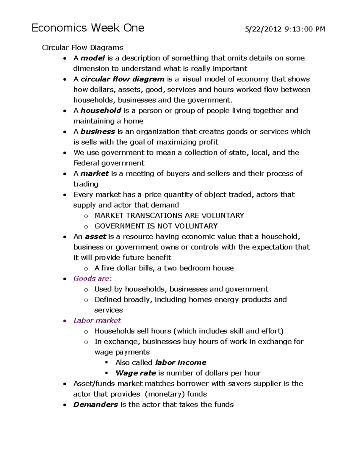 Economic notes Week one Economics Week One 91300 PM Circular Flow