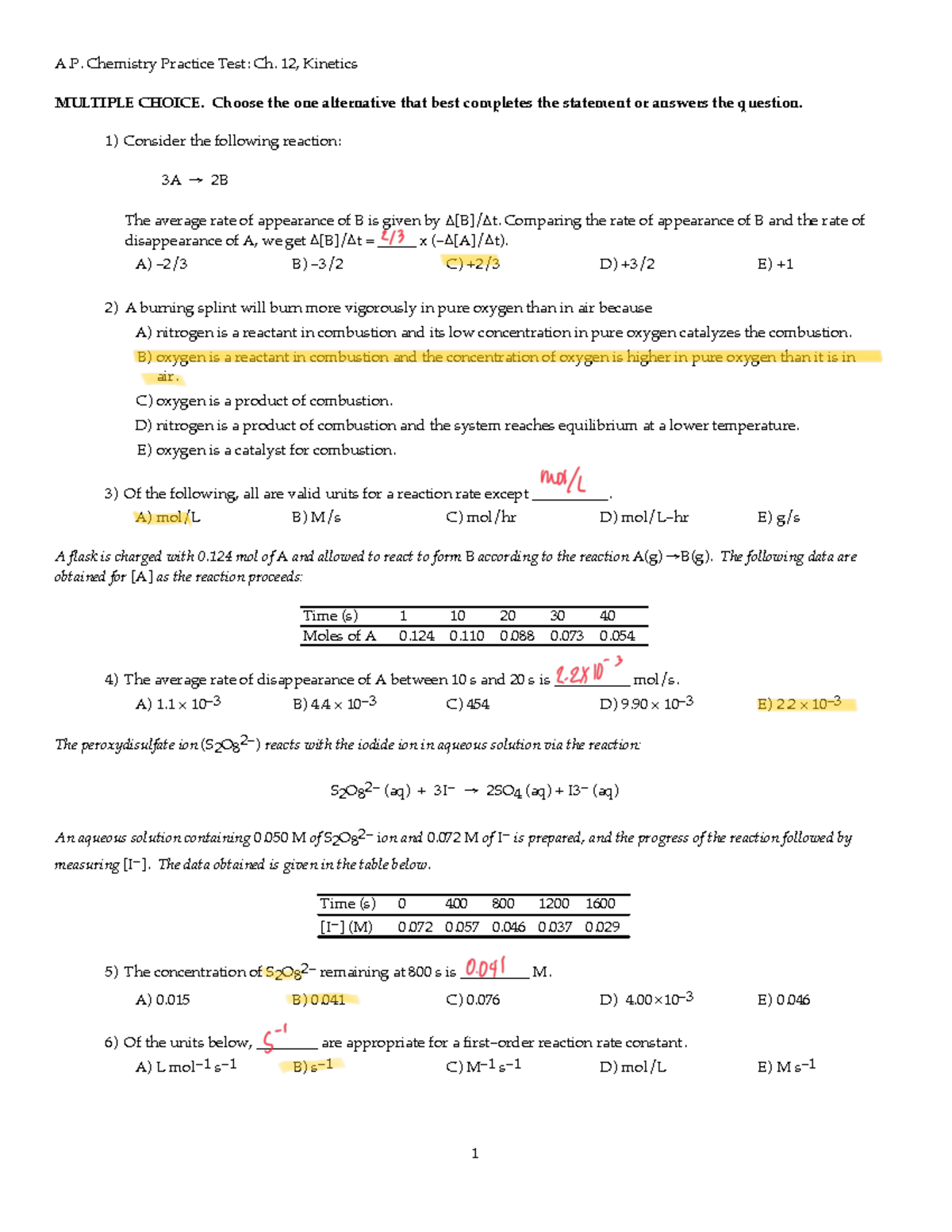 Ch 12 prac test kinetics 1 - A. Chemistry Practice Test: Ch. 12 ...