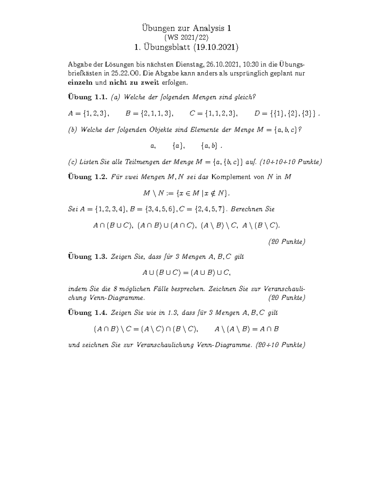 Uebung 01 Analysis 1 Übung ̈ Ubungen Zur Analysis 1 Ws 2021 22 1 ̈ Ubungsblatt 19 10