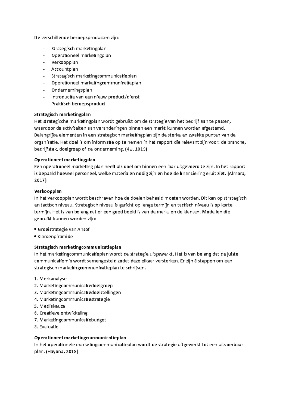 Voorbeeld beroepsproducten, alle elementen per beroepsproduct  De