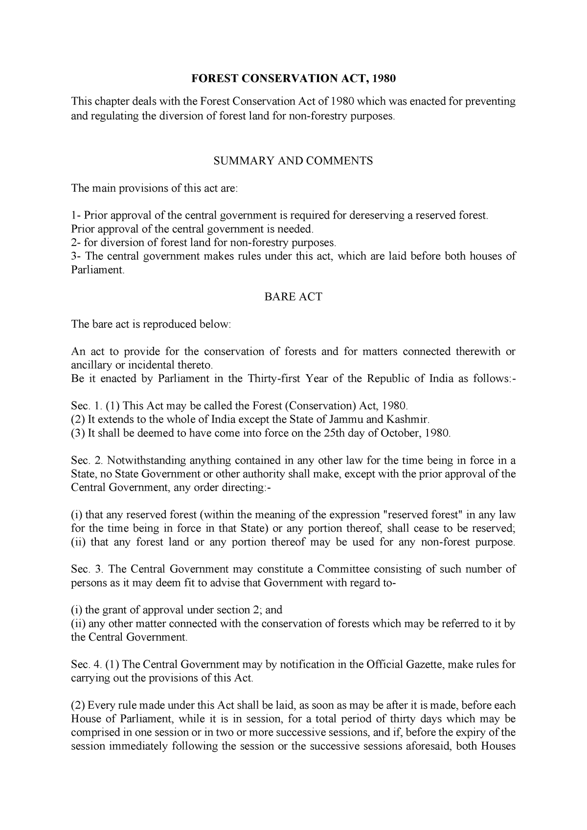 Forest Conservation ACT, 1980 - FOREST CONSERVATION ACT, 1980 This ...