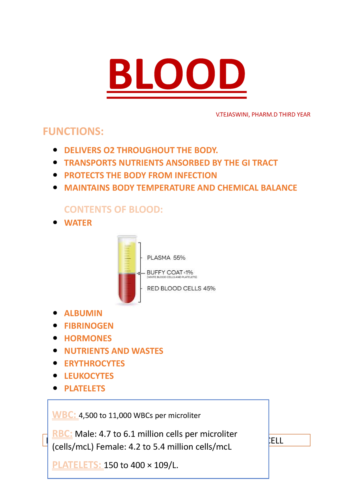 Blood - document - BLOOD V, PHARM THIRD YEAR FUNCTIONS: DELIVERS O2 ...