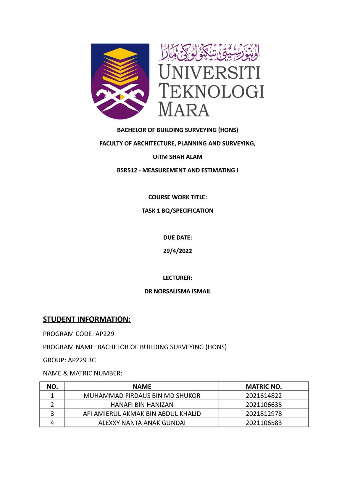 TASK 1 BSR505 AP229 3C Group 6 - BACHELOR OF BUILDING SURVEYING (HONS ...