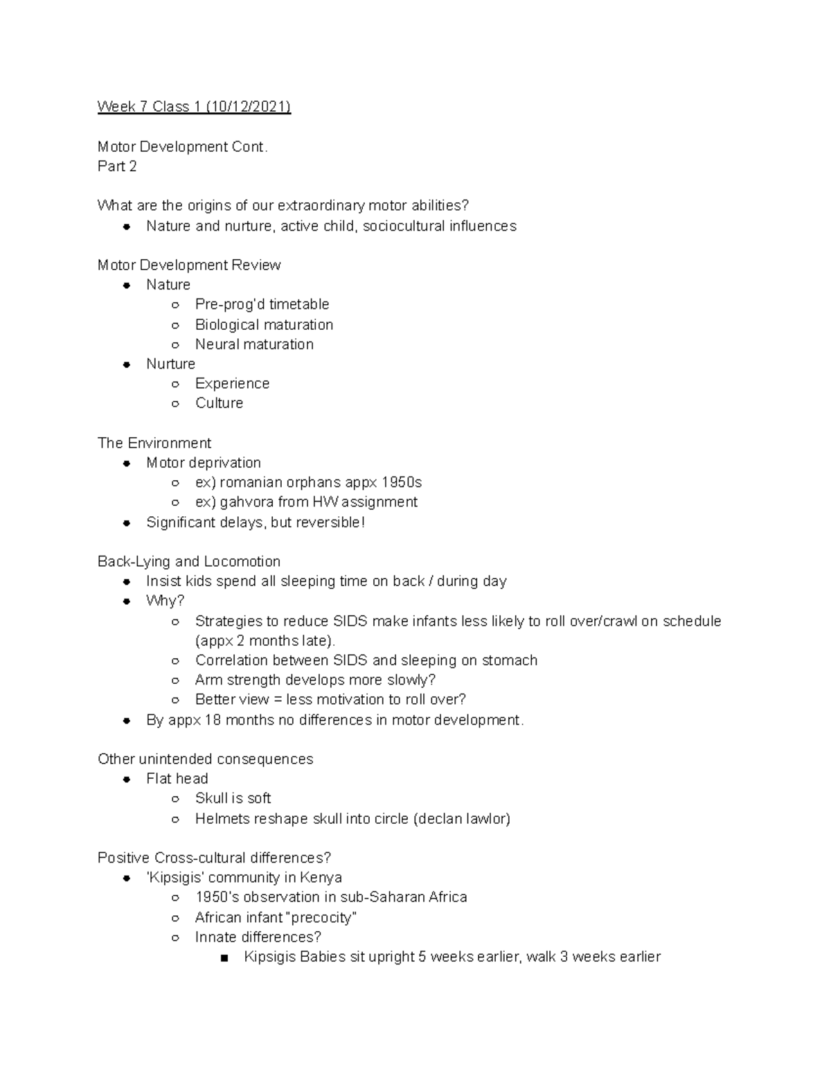 10 12 Psych 350 Notes - Week 7 Class 1 (10/12/2021) Motor Development ...
