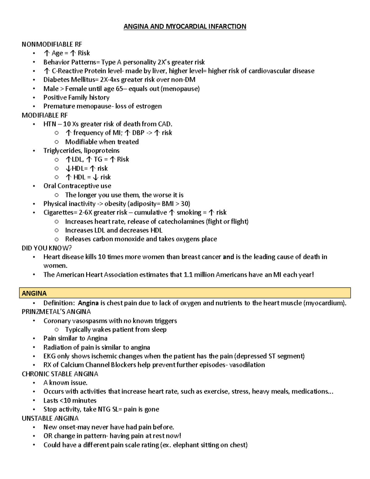Angina AND Cardiac Infarction (1) (1) - ANGINA AND MYOCARDIAL ...