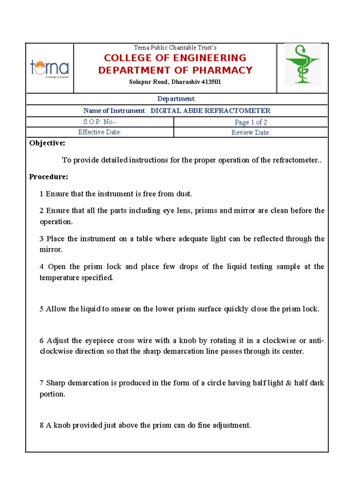 (SOP) Digital ABBE Refractometer Terna Public Charitable Trust’s