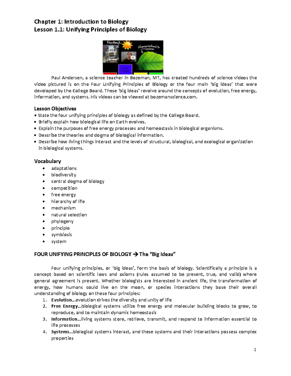 A. Chapter 1 Lesson 1.1-Unifying Principles of Biology - Chapter 1 ...