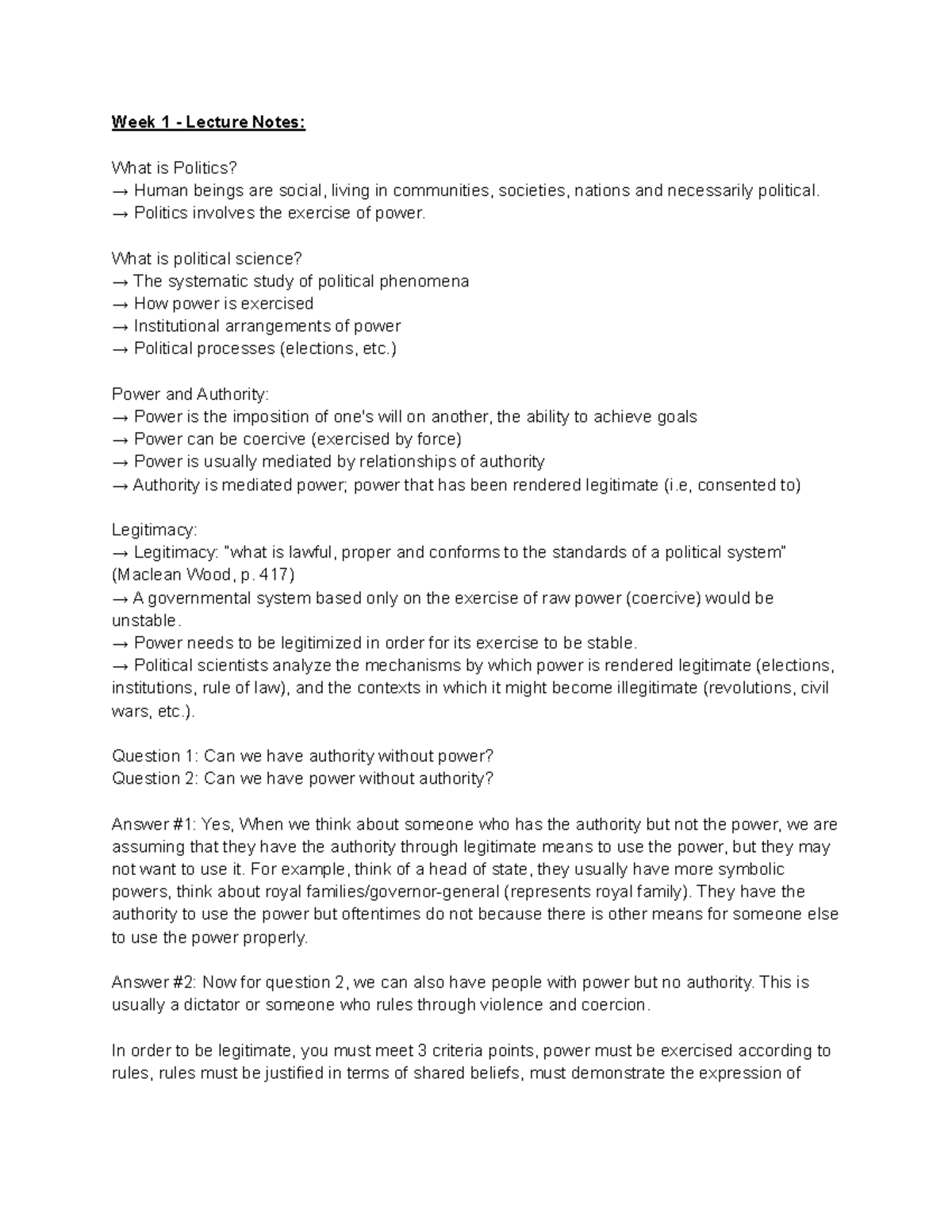 POLS1150 - Lecture/Seminar Notes: Week 1-4 - Week 1 - Lecture Notes ...