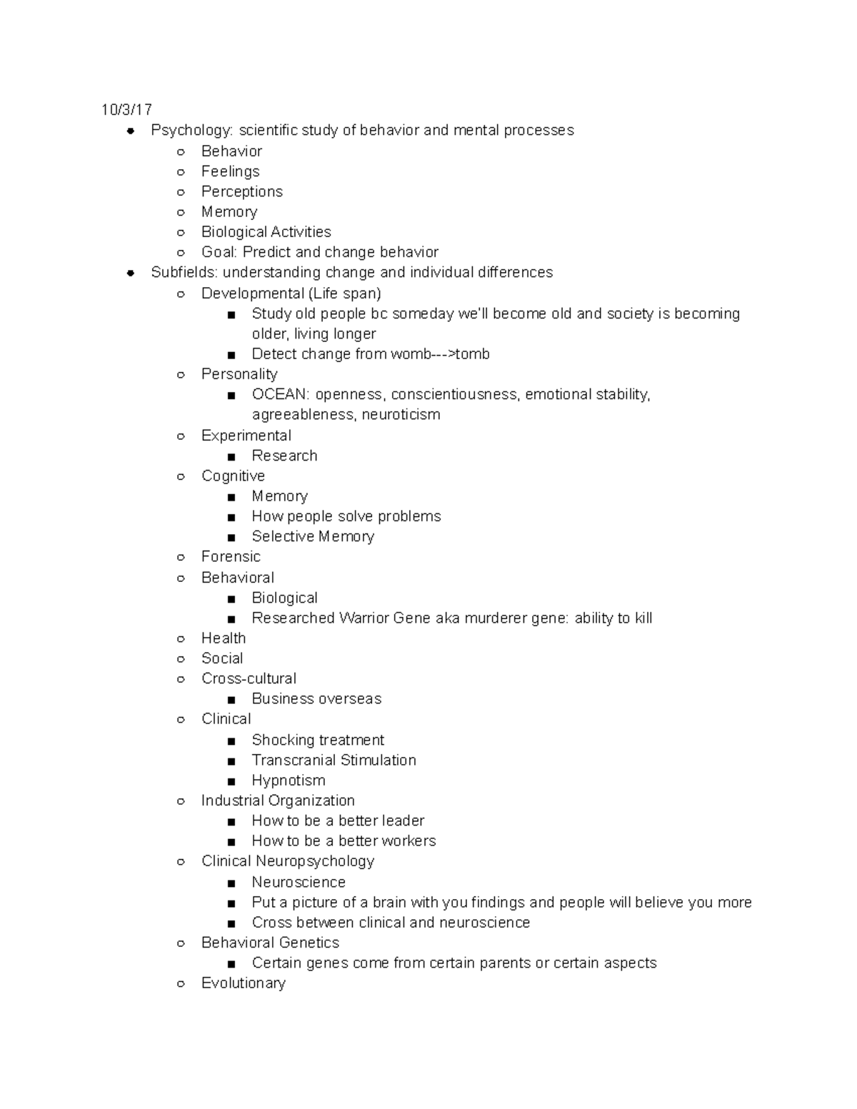 Chapter 1 Intro To Psych - 10 3 17 Psychology: Scientific Study Of 