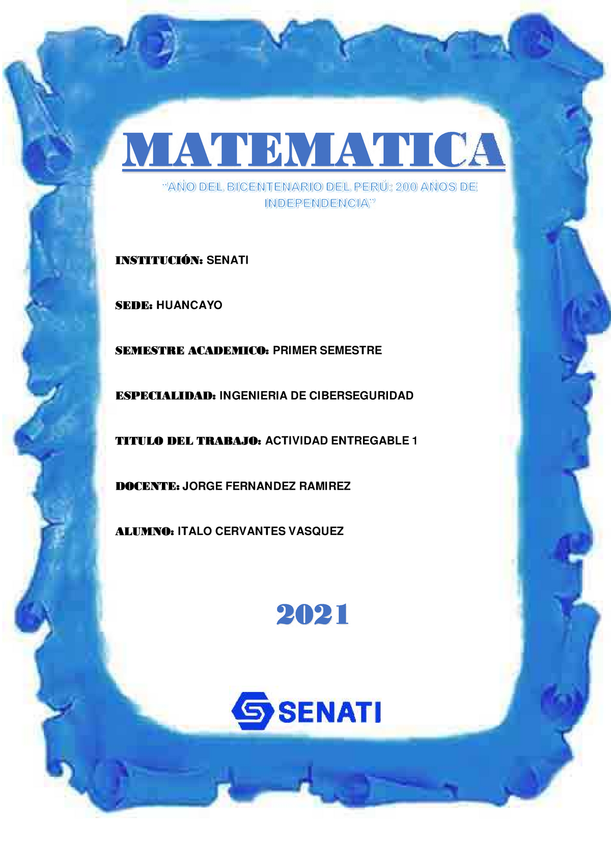 Actividad Entregable 1 Matematica Resuelto Senati Matematica InstituciÓnsenati Sedehuancayo 5735