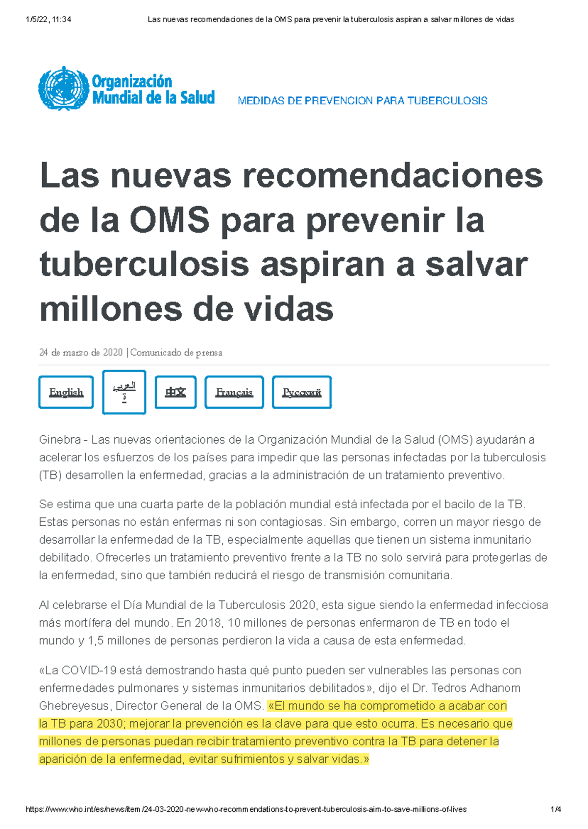 Las Nuevas Recomendaciones De La OMS Para Prevenir La Tuberculosis ...