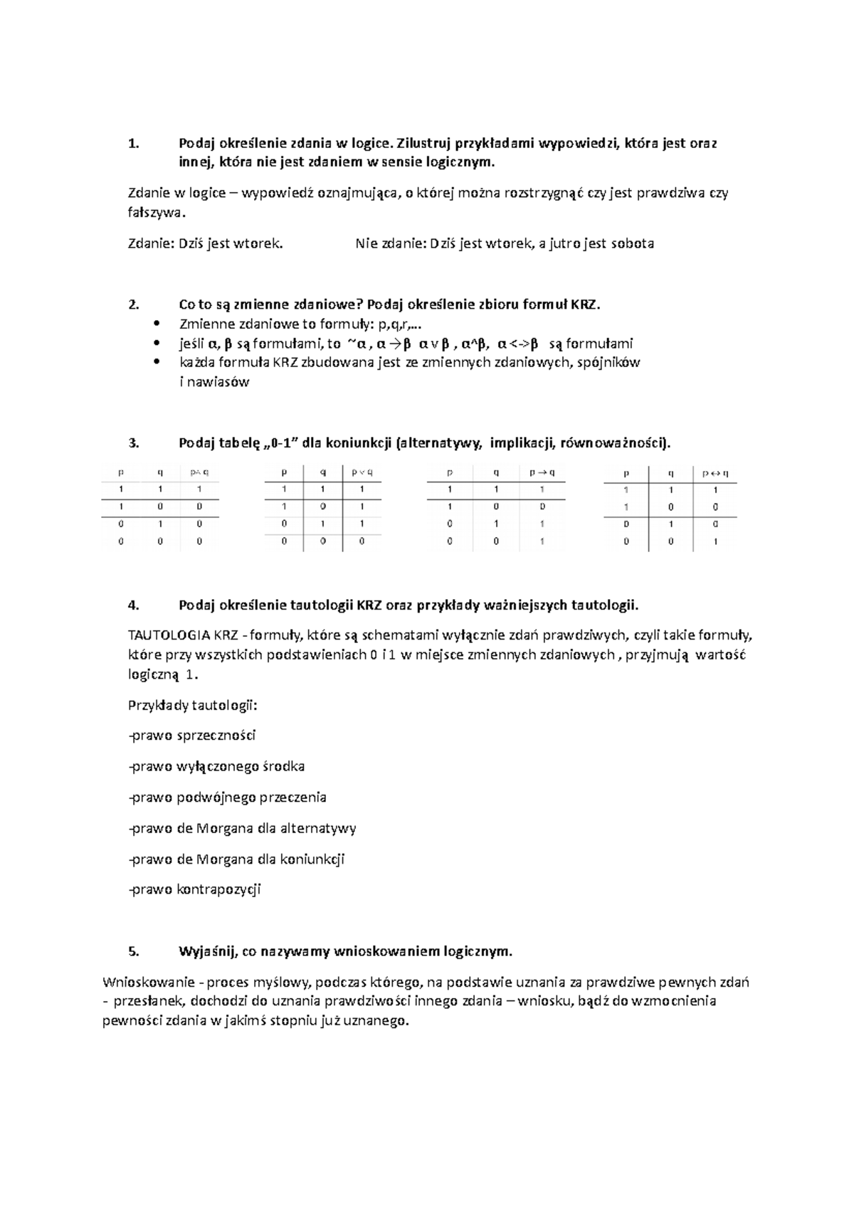 Zagadnienia Do Zaliczenia Wykładów Z Logiki - Podaj Określenie Zdania W ...