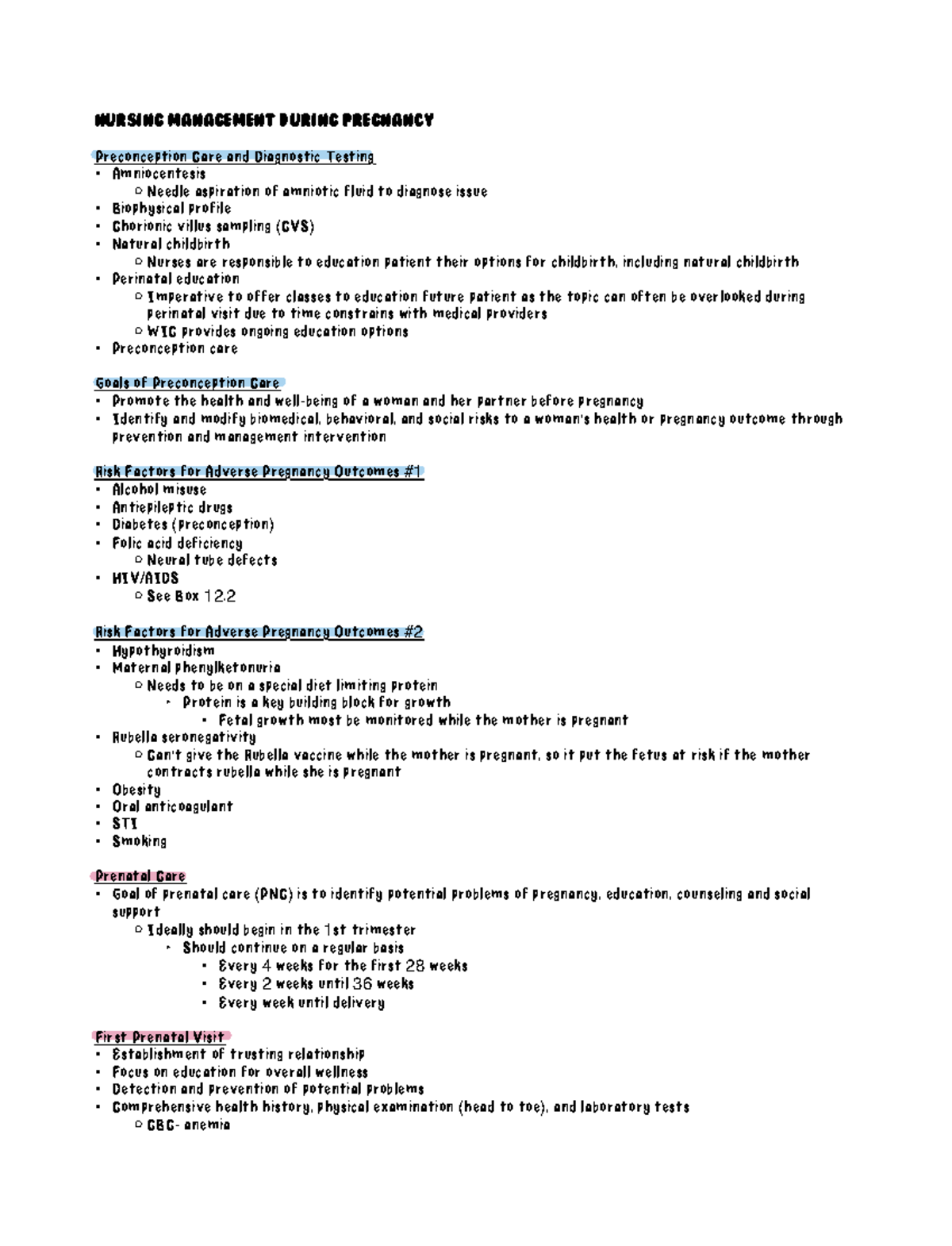 OB-Ch. 12 - NOTES - Nursing Management During Pregnancy Preconception ...