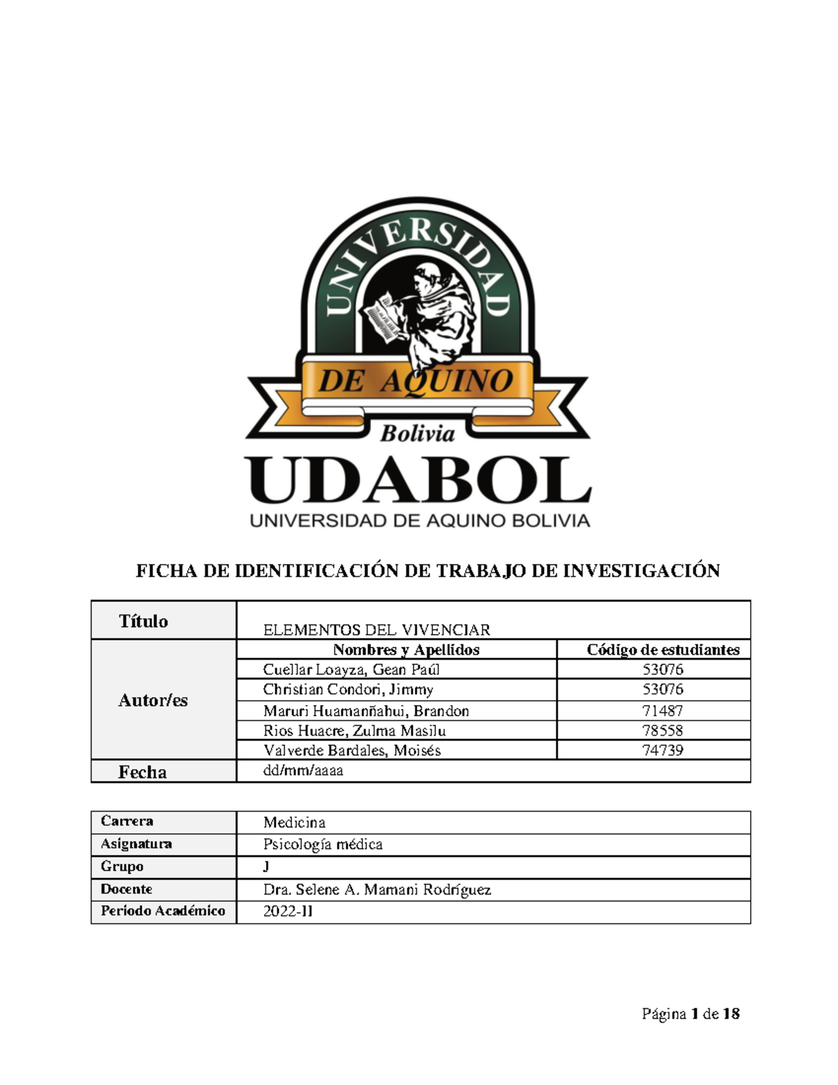 Elementos DEL Vivenciar- Psicologia-G 8 - FICHA DE IDENTIFICACIÓN DE ...