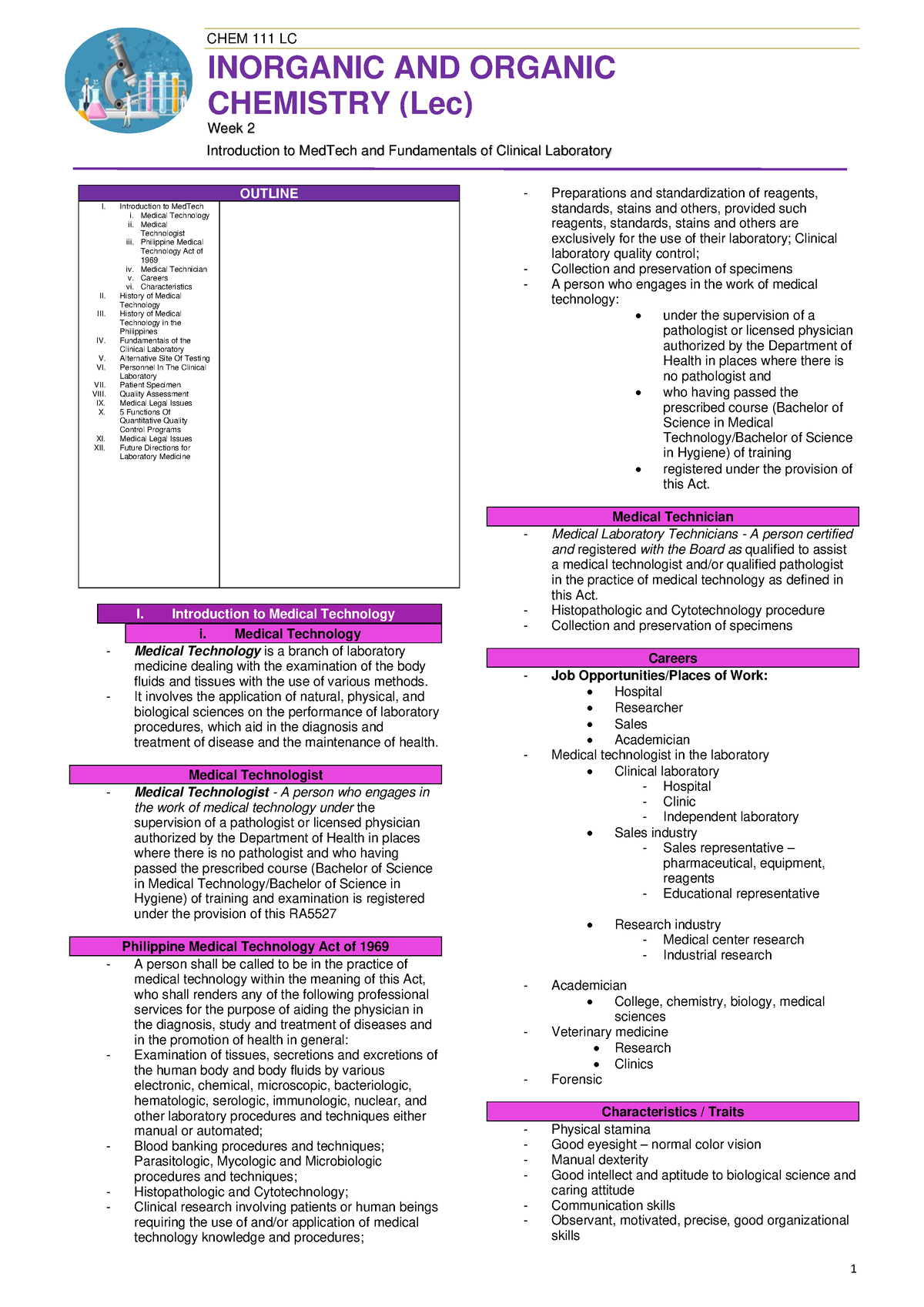 Introduction to Med Tech and Fundamentals of Clinical Laboratory - CHEM ...