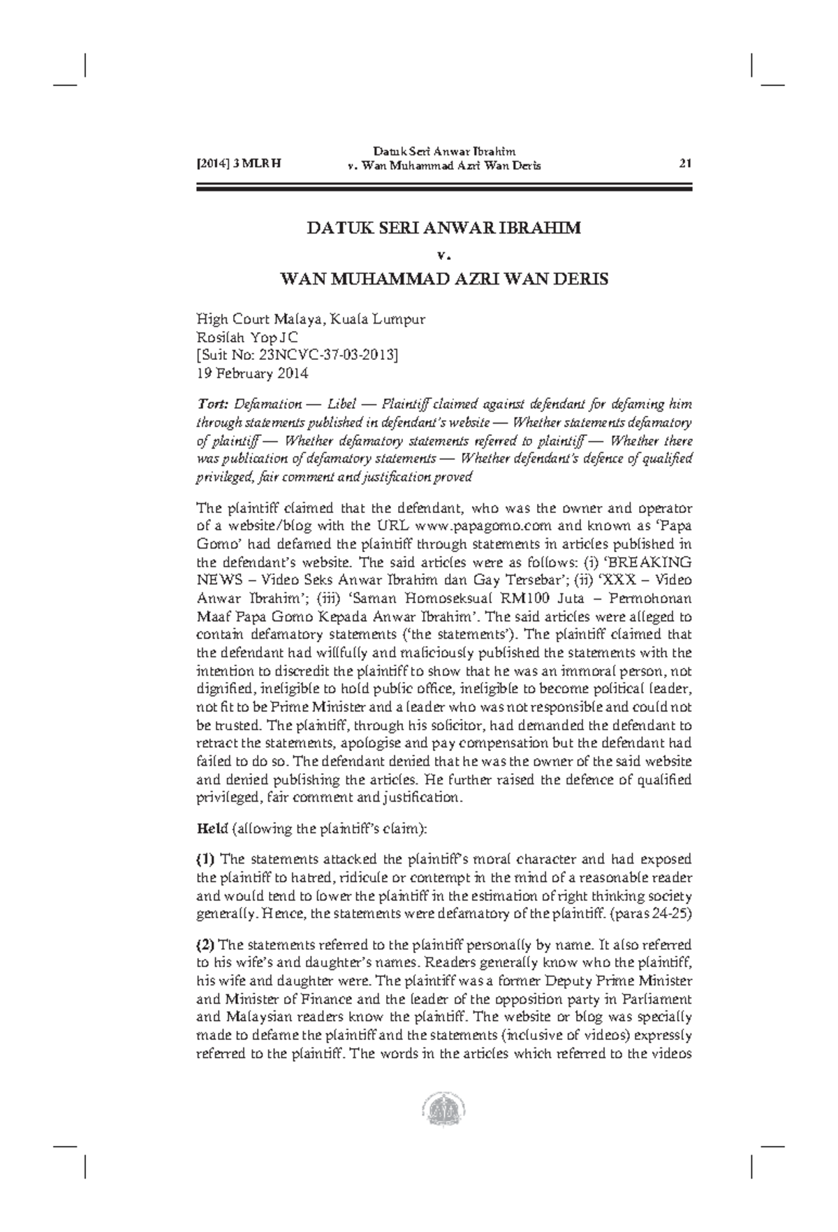 MLRH2014 321 case law malaysia defamation [2014] 3 MLRH 21 DATUK