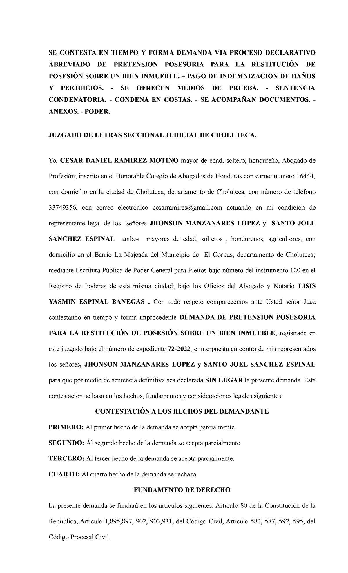 Contestacion - Contestación - SE CONTESTA EN TIEMPO Y FORMA DEMANDA VIA ...