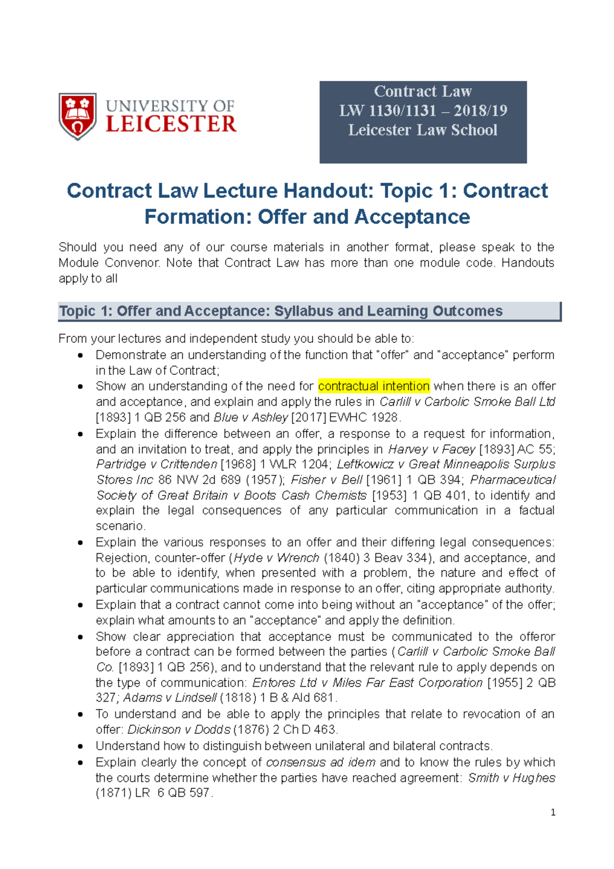 Contract Law 2018-19 1. Introduction, Offer and Acceptance - Contract ...