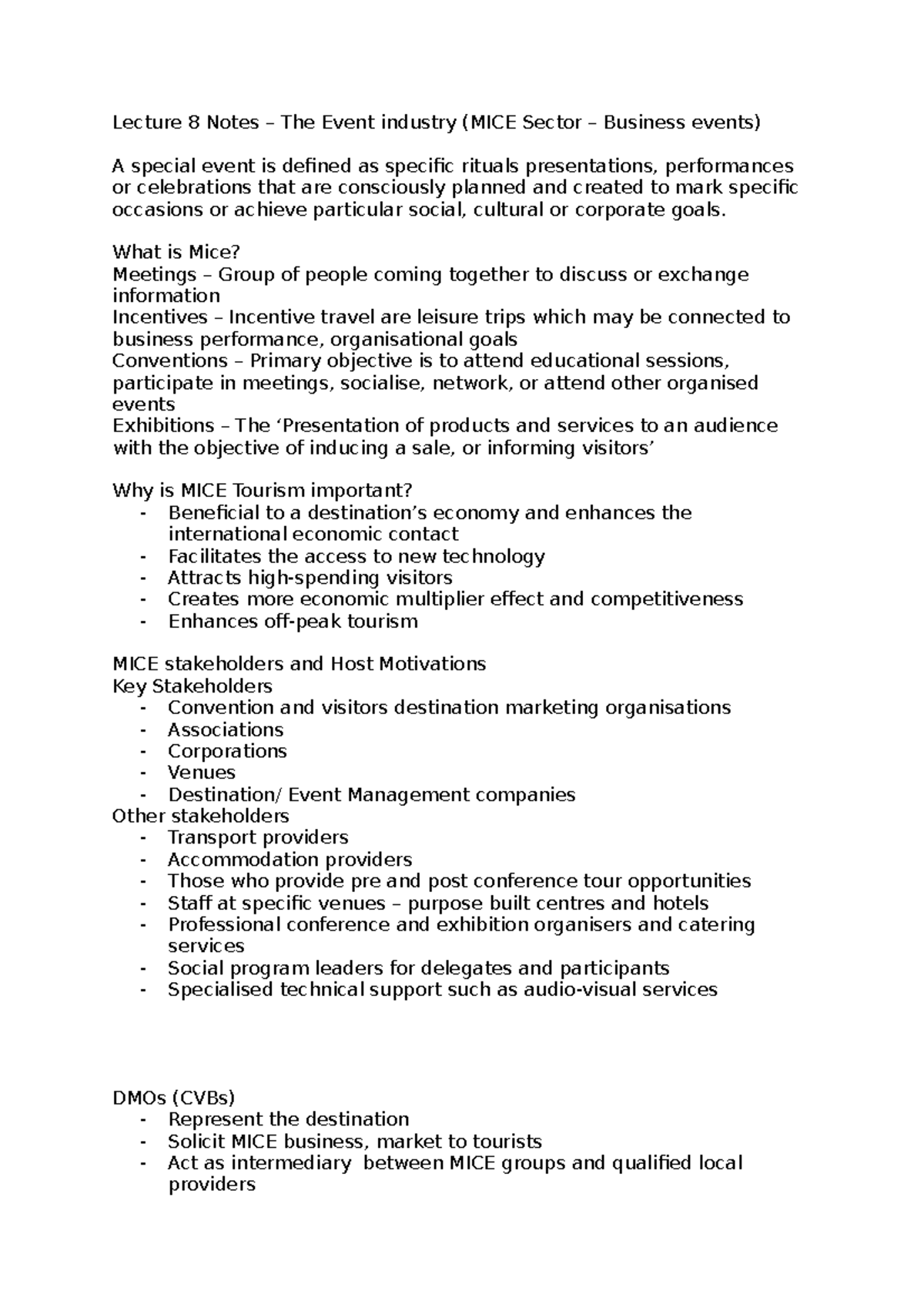 Lecture 8 Notes - Lecture 8 Notes – The Event industry (MICE Sector ...