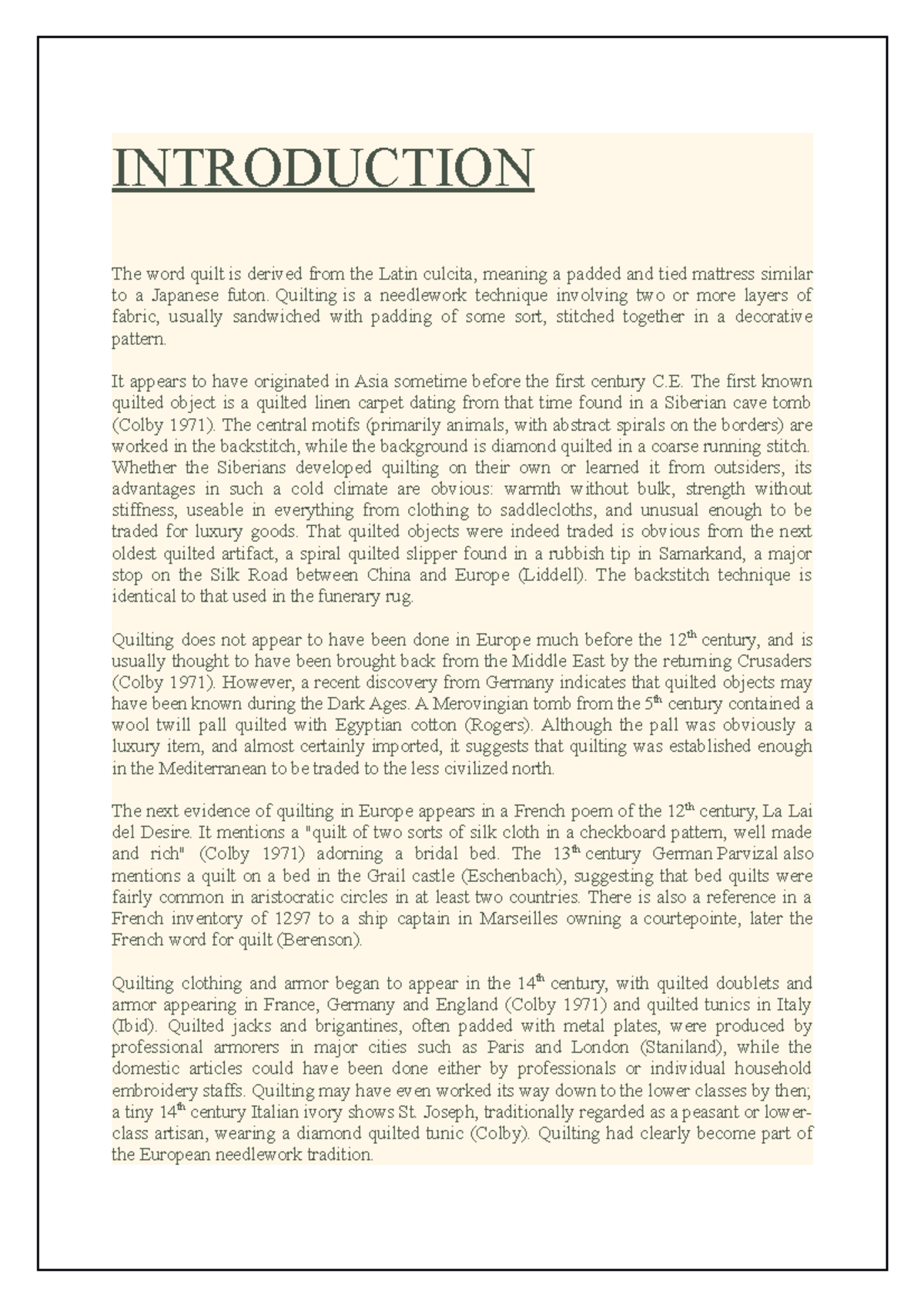 Theme intro quilting assignments INTRODUCTION The word quilt is