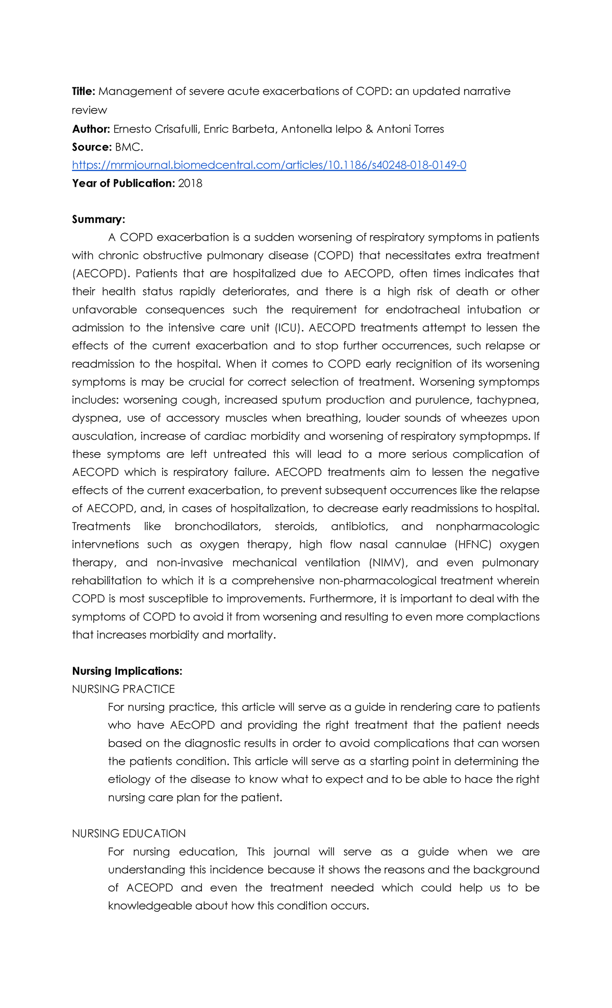 COPD Journal - Title: Management of severe acute exacerbations of COPD ...