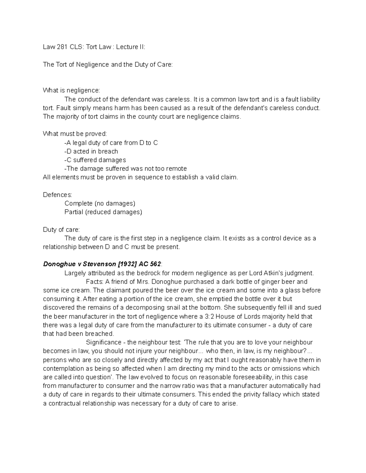 Lecture 2 - Negligence and the Duty of Care - Law 281 CLS: Tort Law ...