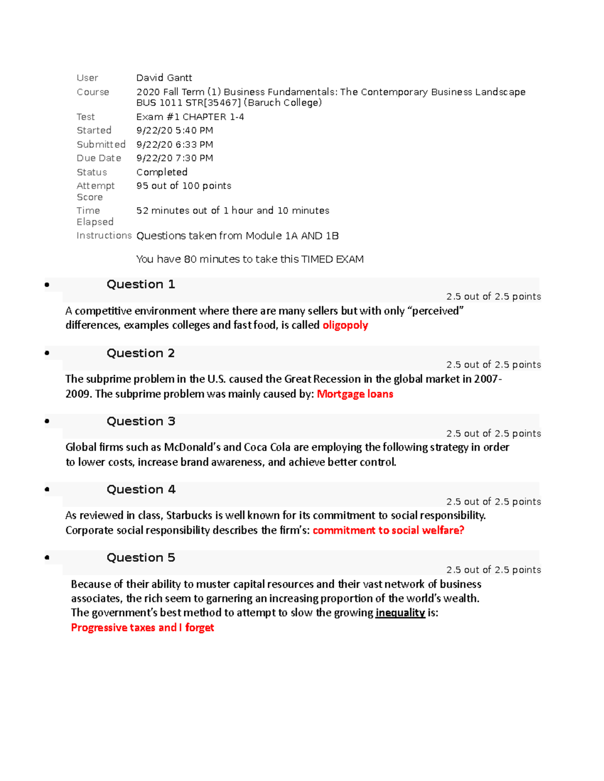Exam 1 Confirmation and Questions - User David Gantt Course 2020 Fall ...