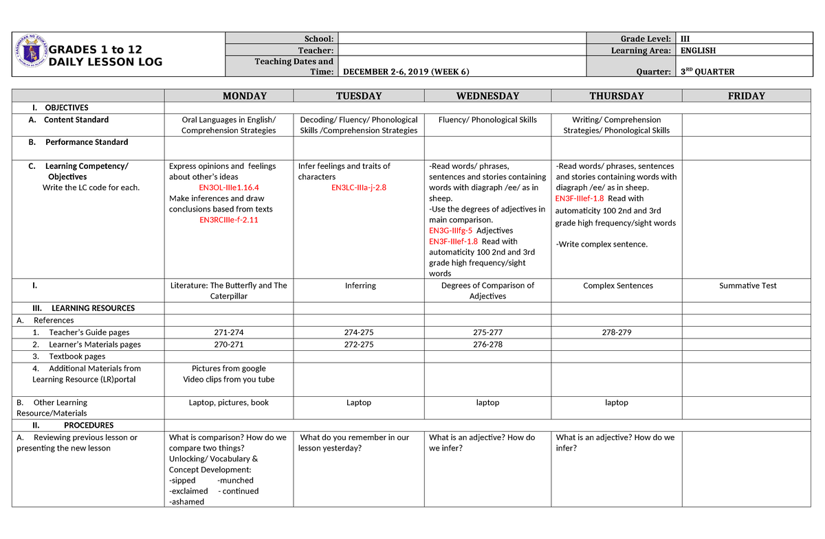 DLL English 3 Q3 W6 - this is a daily lesson log can be use in teaching ...