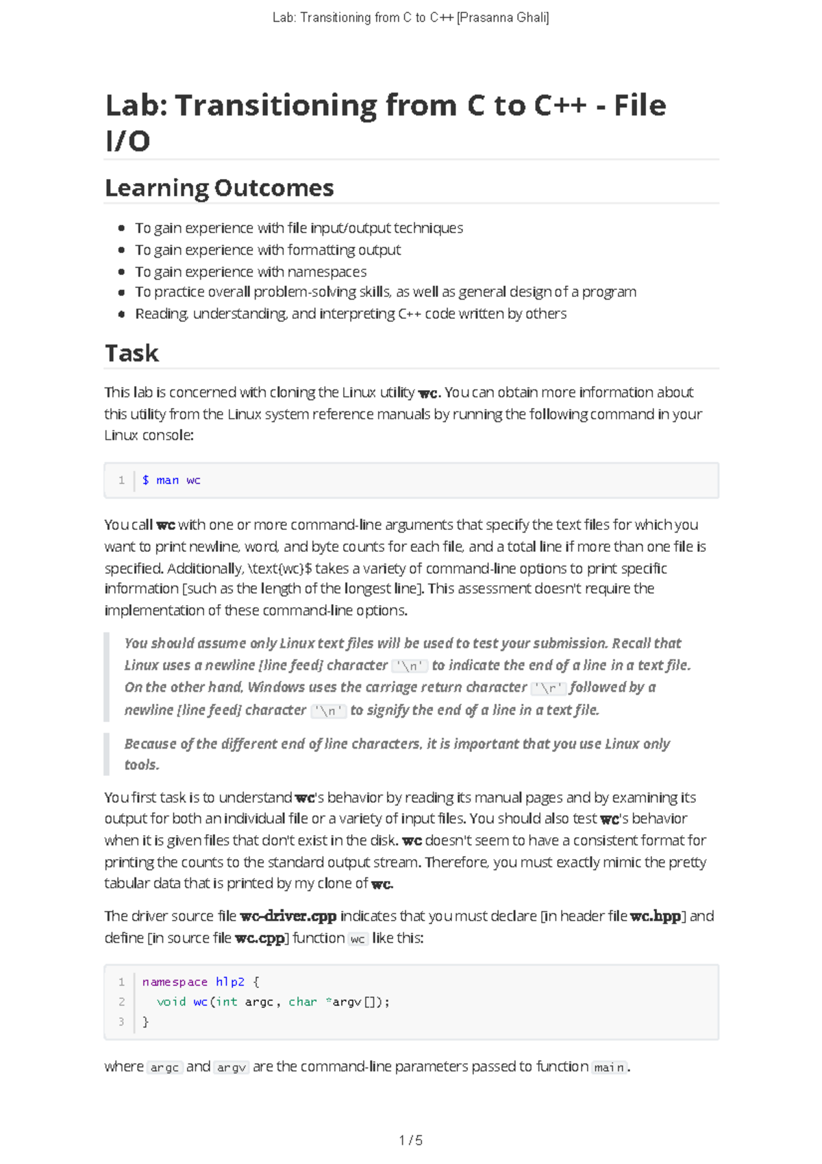 Lab1+wc - hlp lab 1 - Lab: Transitioning from C to C++ - File I/O ...