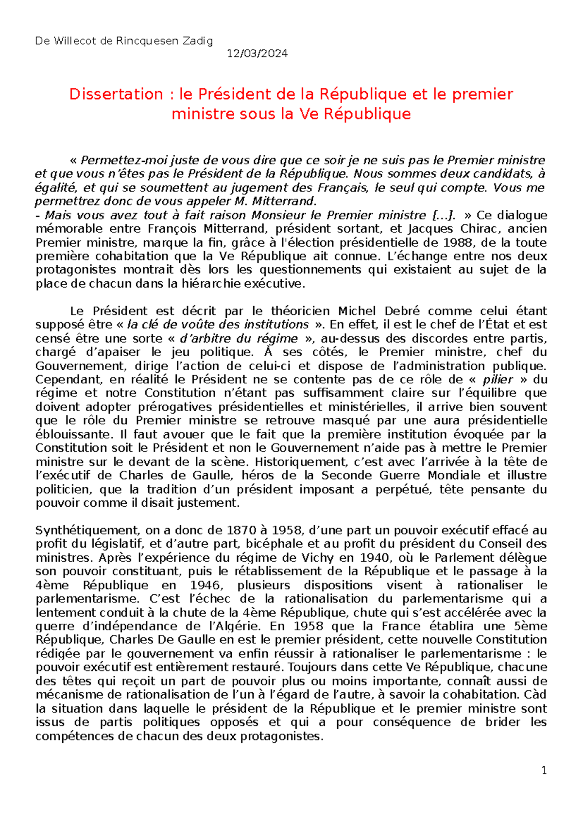 le premier ministre et le président sous la cinquième - 12/03 ...